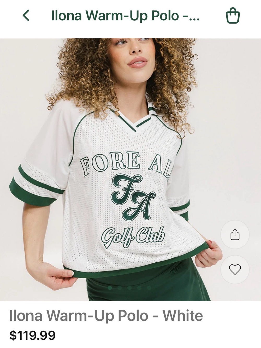 Fore All ⛳️Ilona Warm-Up Polo Top - White with Green Trim Size Medium